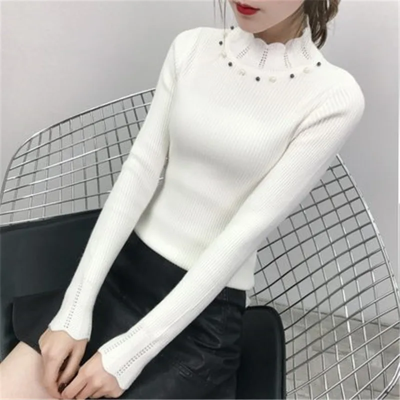 

2018 Autumn Winter Pearl Beading Sweater Women Pullovers Stand Collar Knit Jumper Casual Tight Cropped Sweater ZY4309