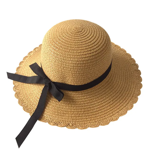 Girls Summer Cap Black Ribbon Decorate Wavy Straw Hat For Girls Children Panama Hat Kids Sun Cap Baby Beach Hats brown