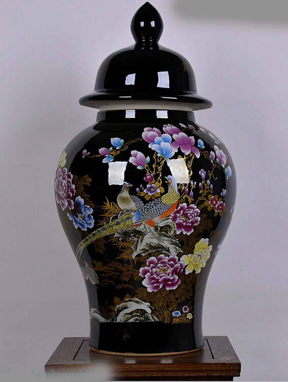 

25" China Jingdezhen mirror black glaze riches and honour peony phoenix Vase ST