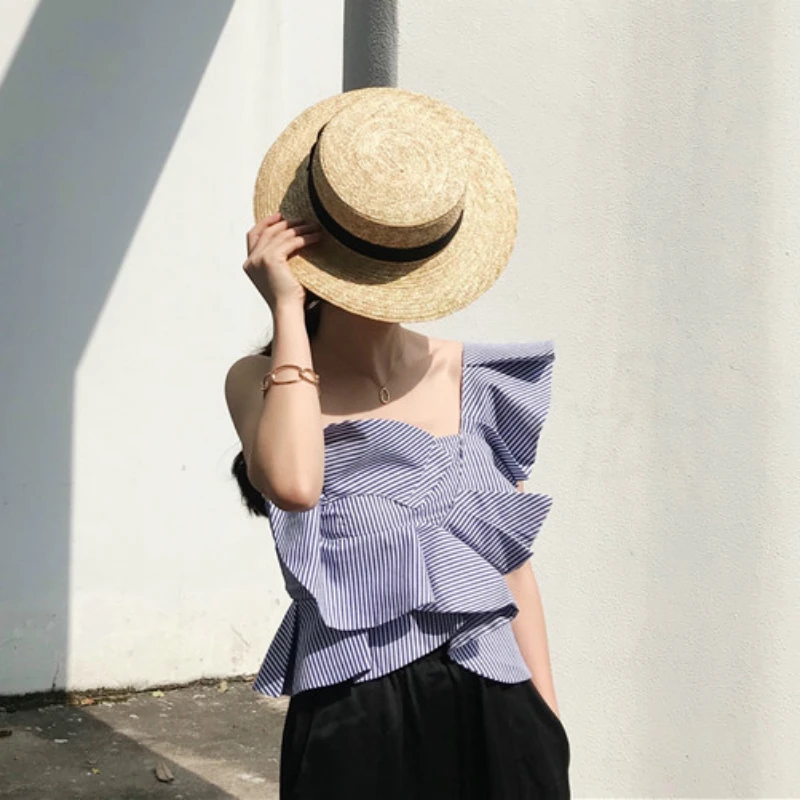 

Women Summer Sexy Cold Shoulder Ruffle Striped Tank Top Female Elegant Sleeveless Shirt Haut Femme Streetwear Woman Cloth