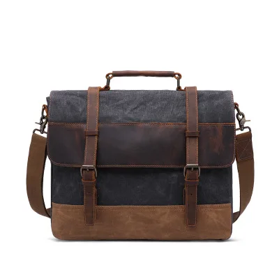 Холщовый деловой портфель из натуральной кожи, мужские Офисные Сумки-тоут, 15,6, сумки-мессенджеры для ноутбука, мужские сумки через плечо, кошелек - Цвет: dark gray