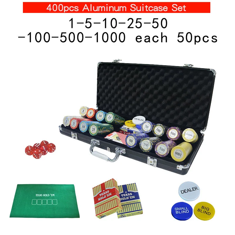 100~500Casino Texas Clay poker chips set Las Vegas Pokers Aluminum Suitcase with Playing cards&Dices&Dealer Buttom& Cloth - Цвет: 400pcs black box