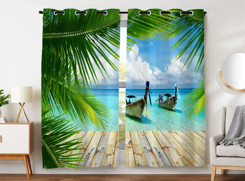 

HommomH Curtains (2 Panel) Grommet Top Darkening Blackout Room Blue Sea Boat Coconut Tree Board