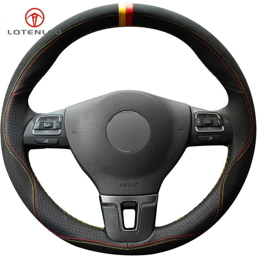 

LQTENLEO Black Genuine Leather Suede Car Steering Wheel Cover for Volkswagen VW Gol Tiguan Passat B7 Passat CC Touran Jetta Mk6