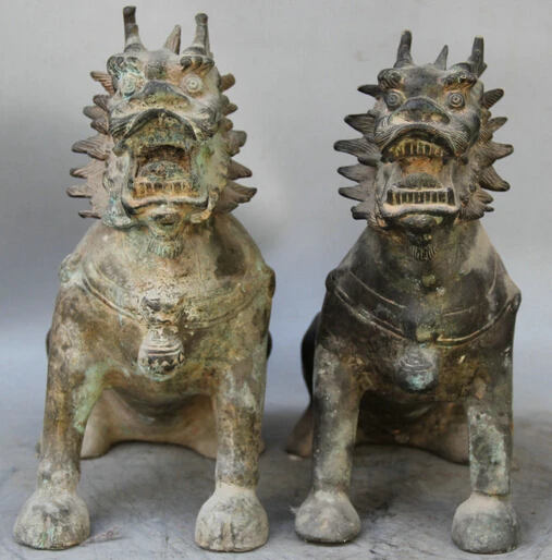 

JP S0524 14" Old Chinese Bronze animal exorcise Kylin Chi-lin Qilin sculpture Statue Pair