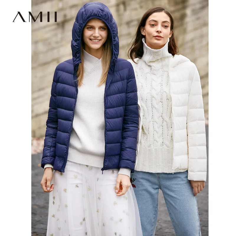 

Amii Women 2018 Winter 90% White Duck Down Coat Hoodies Solid Short Female Fashion Light Jacket Coats
