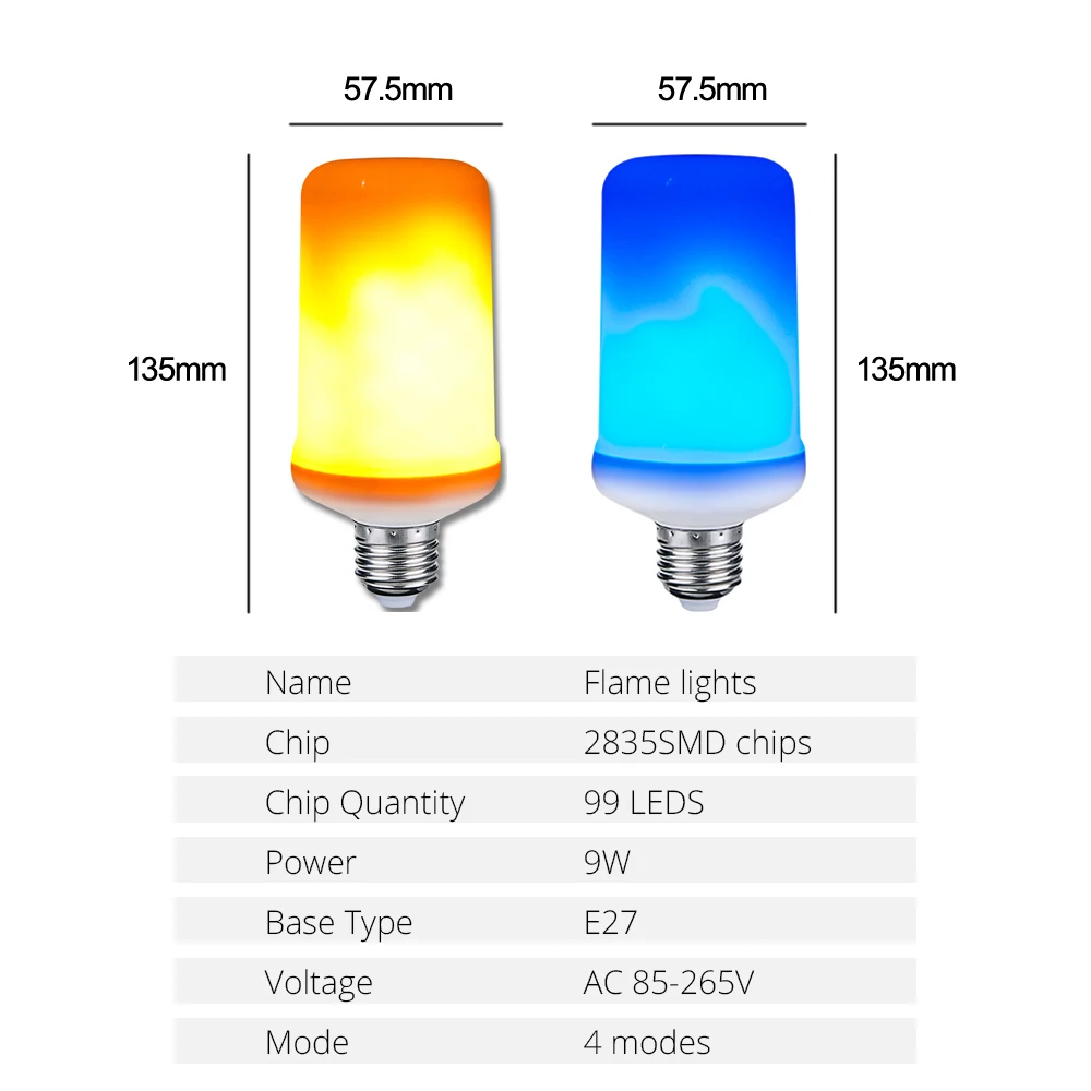 4 режима 9 Вт E27 Светодиодный светильник с датчиком гравитации 99 светодиодный s 85 V-265 V динамический синий желтый эффект огня старинные ретро лампы