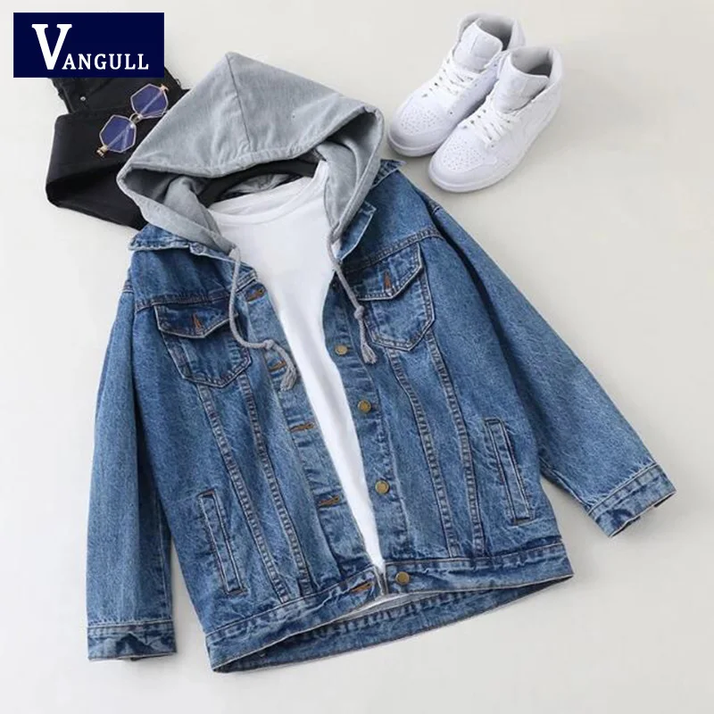 

Vangull Hooded Drawstring Boyfriend Jean Jacket Pocket Two Piece Coat 2019 Blue Long Sleeve Single Breasted Denim Jacket Outwear