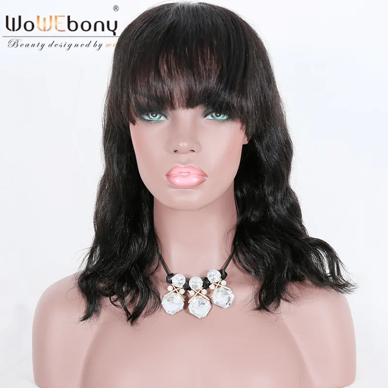 

Natural Wave Full Lace Human Hair Wigs Brazilian Remy Hair Bob Glueless Full Lace Wig With Bangs Pre Plucked WoWEbony