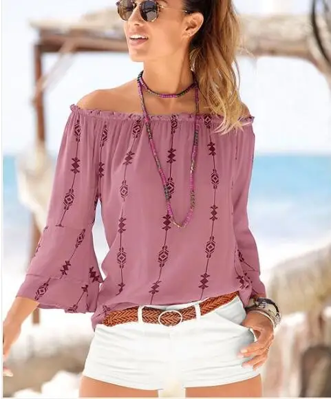 

Woman Fashion Printed slash neck long boat-neck sleeve raised grain defect Cold Shoulder T-shirt