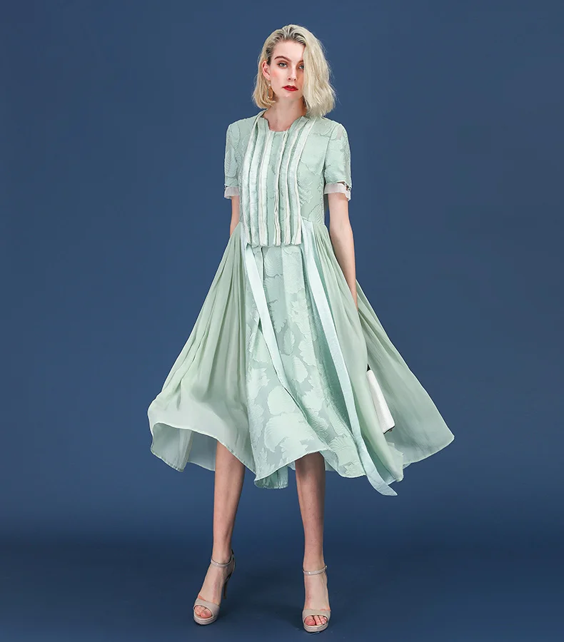 VOA шелк вышивка элегантное платье для женщин длинные плиссированные платья озеро зеленый бисер пояс милые летние с коротким рукавом 5XL A500