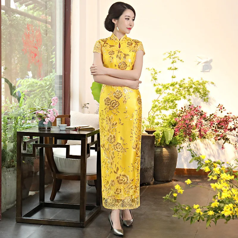 Винтажное китайское платье Ципао с блестками Cheongsam Желтый Qi Pao восточные платья Китайский халат с вышивкой традиционное платье - Цвет: and sequins yellow