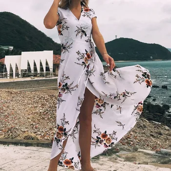 

New Fashion Women Beach Dress White V-neck Floral Print Sexy Split Long Dress Short Sleeve Chiffon Dress Vacation Women Clothing
