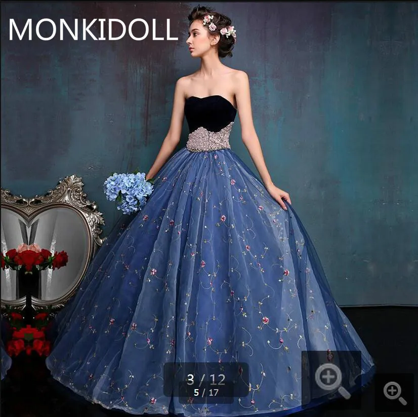 

Ball Gown blue lace Wedding dresses 2017 velvet pearls strapless bridal gowns sweetheart neckline corset ball gown wedding gowns