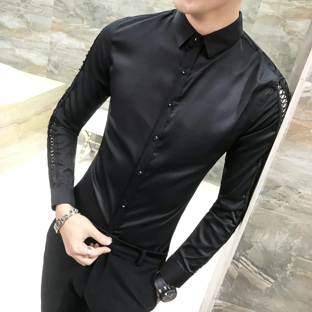

High Quality Dress Shirt Men Fashion 2018 Autumn Slim Fit Tuxedo Male Shirt Long Sleeve Casual Hollow Men's Social Shirts 3XL-M