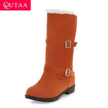 QUTAA Scrub Fashion Round Toe Casual Mid Calf Boots Buckle Comfort Low Heel Winter Warm Fur Orange Women Shoes Size 34-40