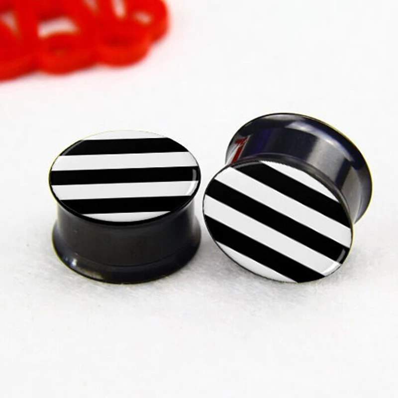1 pair black white stripe black Double flare saddle Ear Plugs gauges