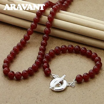 

Hot Sale Silver 925 Red Color Peal Bracelet Necklace For Women Wedding Jewelry Set