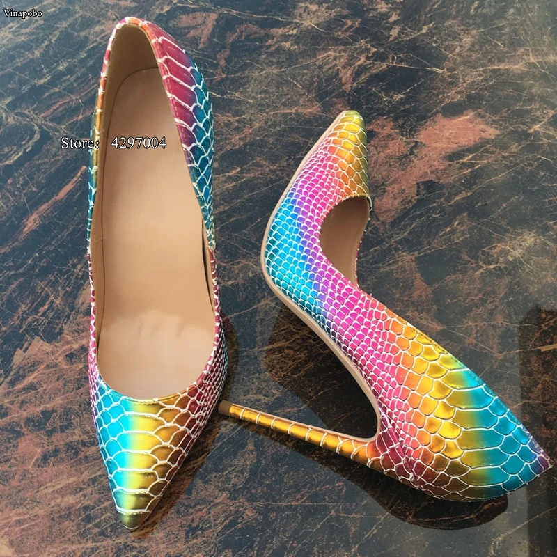 New Pointed Toe Shoes Women Colorful Rainbow Snake Printed Pumps 8/10/12cm High Heels Genuine Leather Stilettos Women Shoes