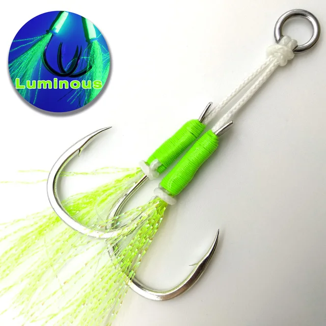US $3.40 JK Fishing Hooks Sea Glow 1/0 2/0 3/0 4/0 Fish Assist Hook Twins Double Fishery Fishhooks Jig Slow 