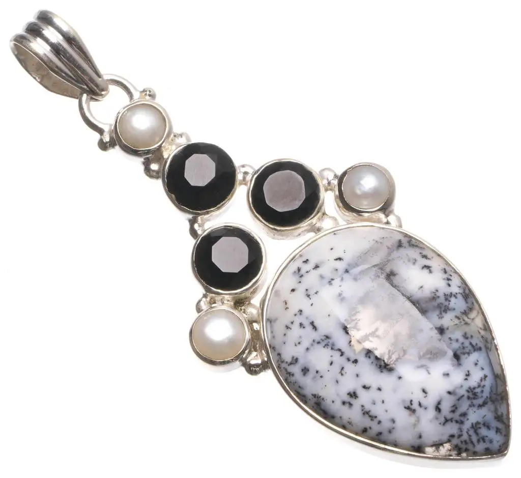 

Natural Dendritic Opal,Black Onyx River Pearl Handmade Vintage 925 Sterling Silver Pendant 2 1/4" U0470