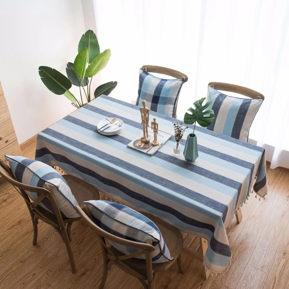 

Striped Tassel Decorative Table Cloth Mediterranean Blue Kitchen Dining Table Cover Home Decor Living Room Coffee tablecloth