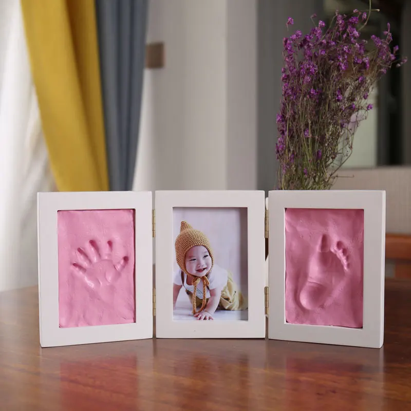 

Baby Hand Foot Print Photo Frame Newborn Baby DIY Handprint Imprint Soft Mud Solid Wood Tri-Fold Infant Souvenir Gifts Wholesale