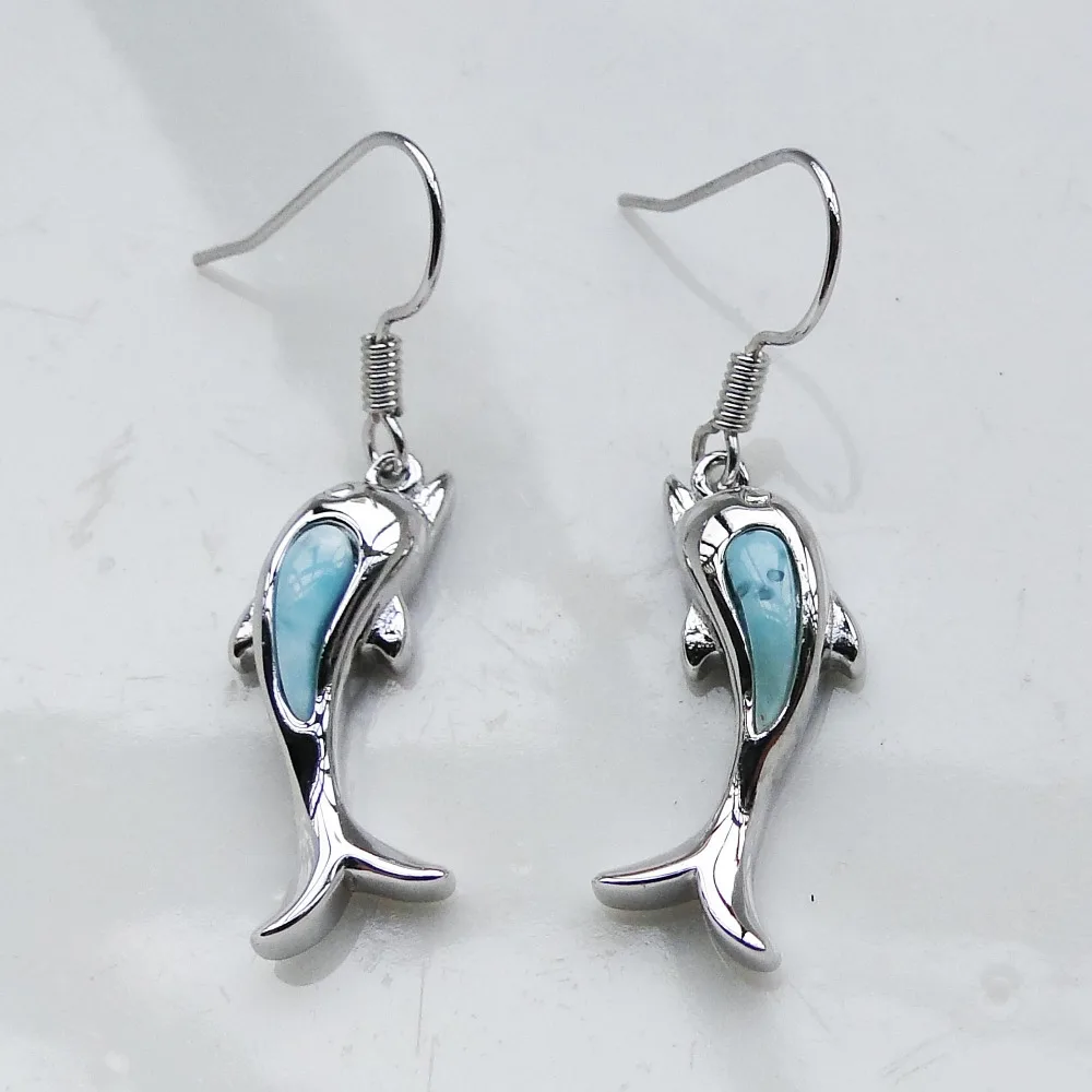 

925 Sterling Silver Jewelry Natural Larimar Jewelry Cute Dolphin Drop Earring Simple Style Dangle Earrings for Girl's Earring