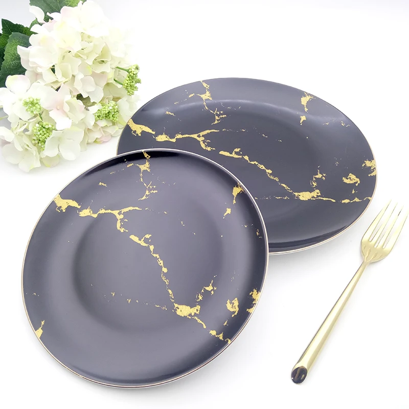 Ceramic Plate Gold Dish Marble Tray Dinner Plate Set Round Steak Tray Luxury Tableware Round Dish Food Christmas 1set
