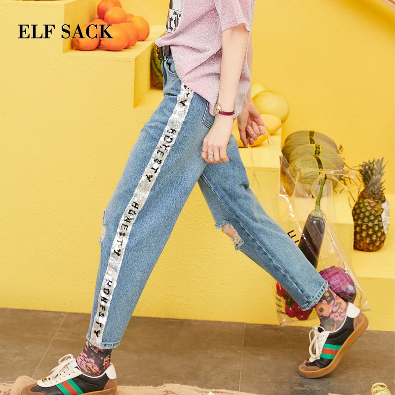 ELFSACK Spring New Oversized Jeans Woman Casual Straight Cotton Women Trousers Mid Waist Light Loose Ladies Plaid Pants