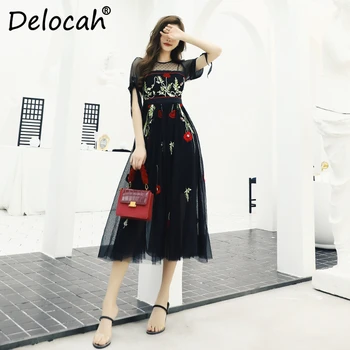 

Delocah Women Spring Summer Dress Runway Fashion Designer Short Sleeve Gorgeous Embroidery Black Printed Mesh A-Line Lady Dress