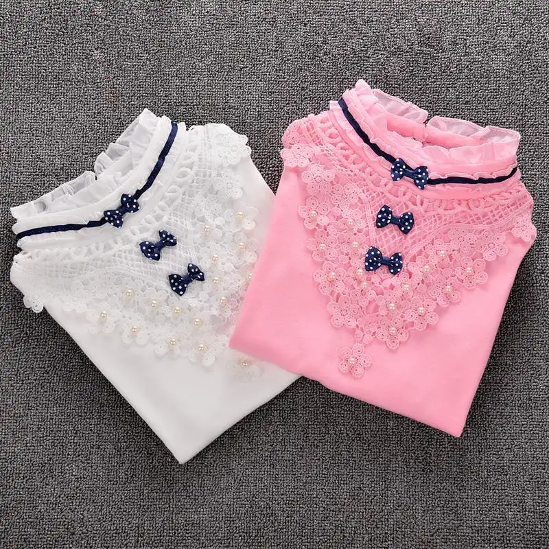 Детская одежда кружевная блузка для девочек г. Новая весенняя Детская рубашка с бантом хлопковые топы с длинными рукавами, рубашка кружевная блузка для девочек детская одежда