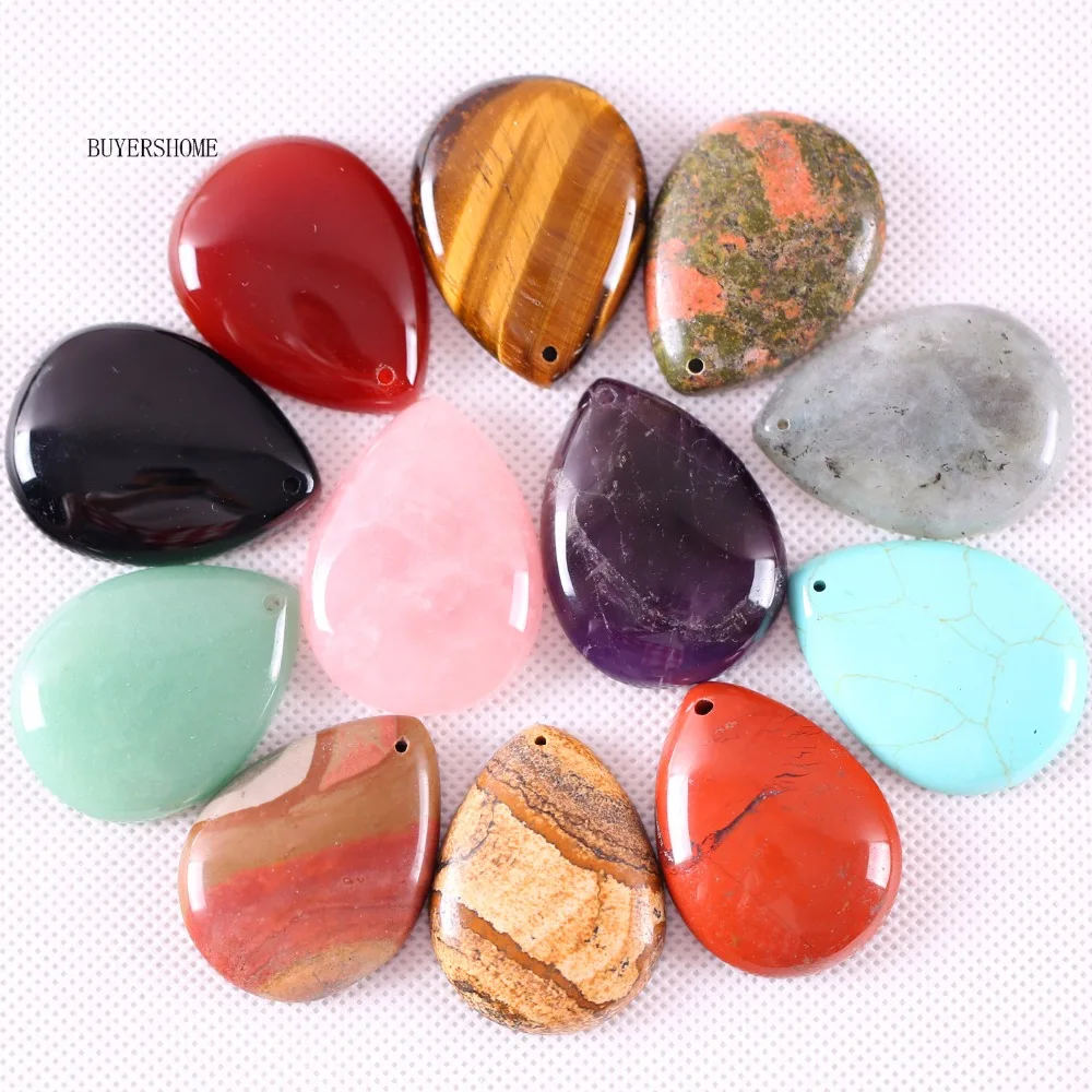 

New 40x30MM Natural Stone Carnelian Unakite Epidote Crystal Opal Teardrop Green Aventurine Rhodonite Labradorite Pendant 1Pcs
