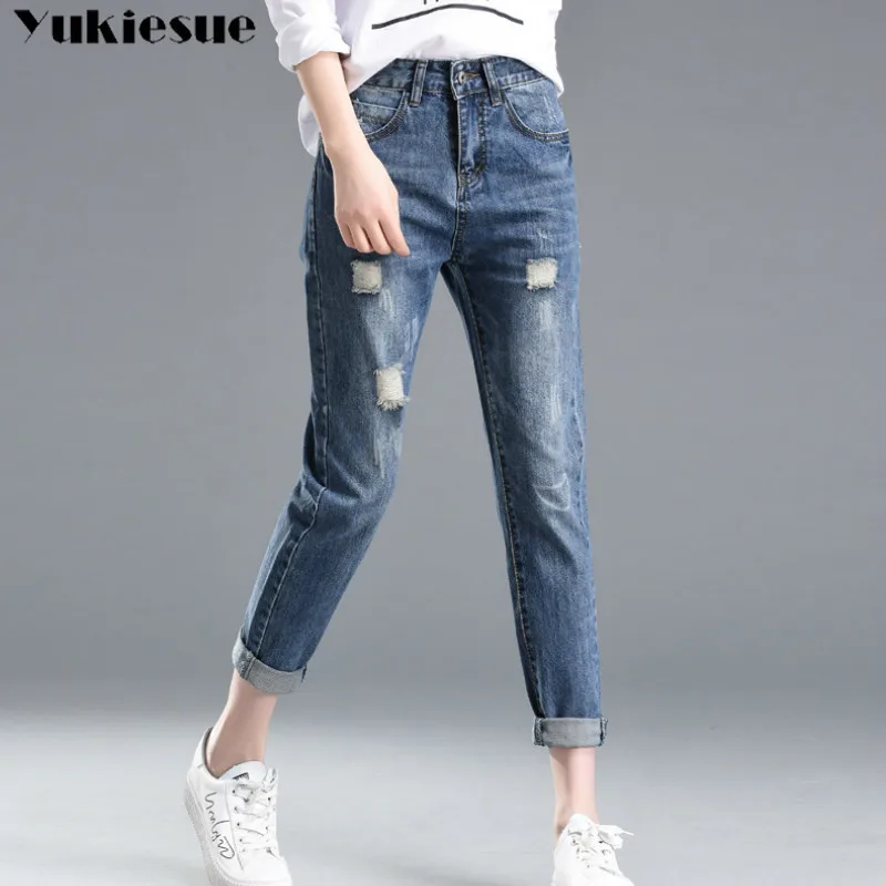 2018 Autumn High Waist mom jeans Female Boyfriend Jeans For Women Trousers Woman Pencil Pants Denim Ripped Jeans Plus Size