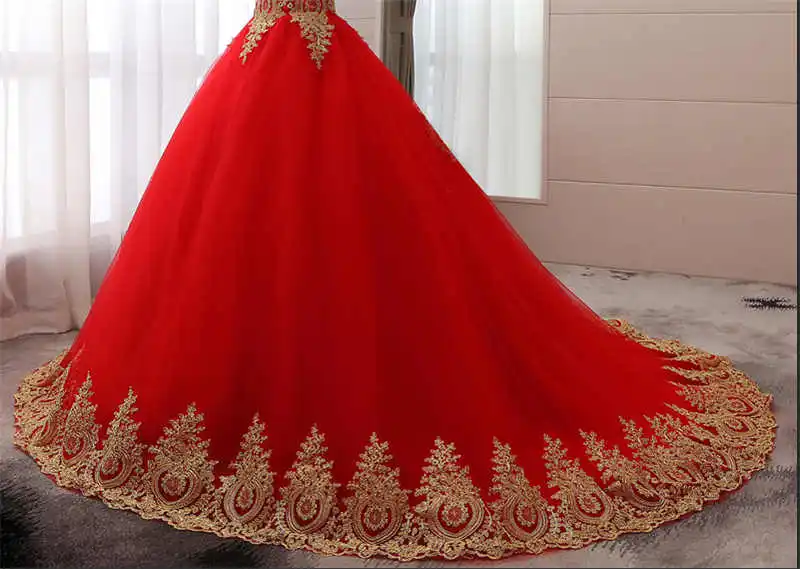 Винтажные золотые кружевные аппликации с вышивкой милые белые синие красные длинные рукава модные мусульманские свадебные платья невесты размера плюс 75 - Color: with train