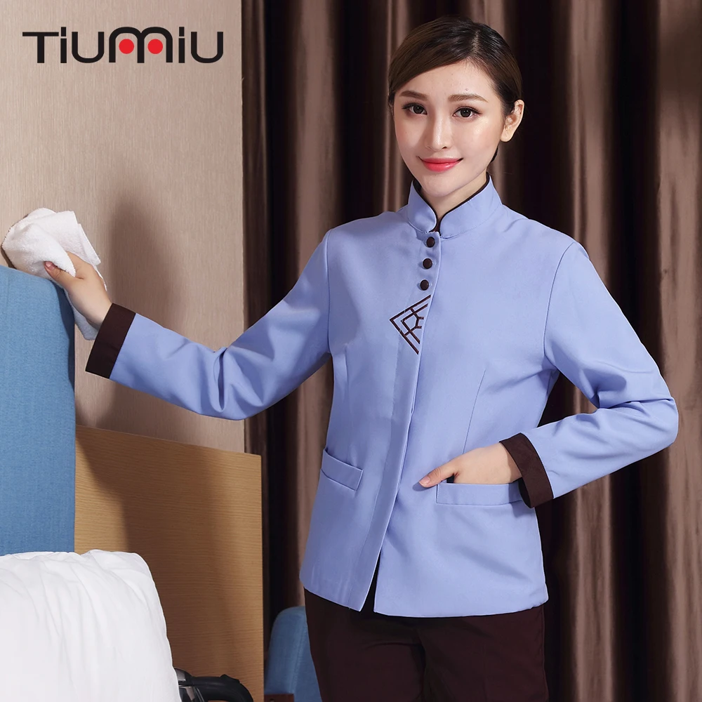 

Hotel Cleaning Workwear Uniform Long Sleeve Stripe Collar Housekeeping Cleaning Service Uniforms Women Ladies Waiter Work Jacket