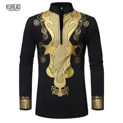 Kureas Дашики мужская рубашка мужская африканская одежда v-образный вырез длинный рукав Топ Блузка позолота Этническая обтягивающая одежда
