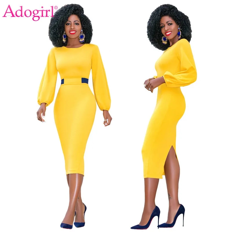 

Adogirl Color Patchwork Lantern Sleeve Fashion Dress Elegant Slim Back Slit Pencil Office Dress Business Work Wear Bodycon Dress