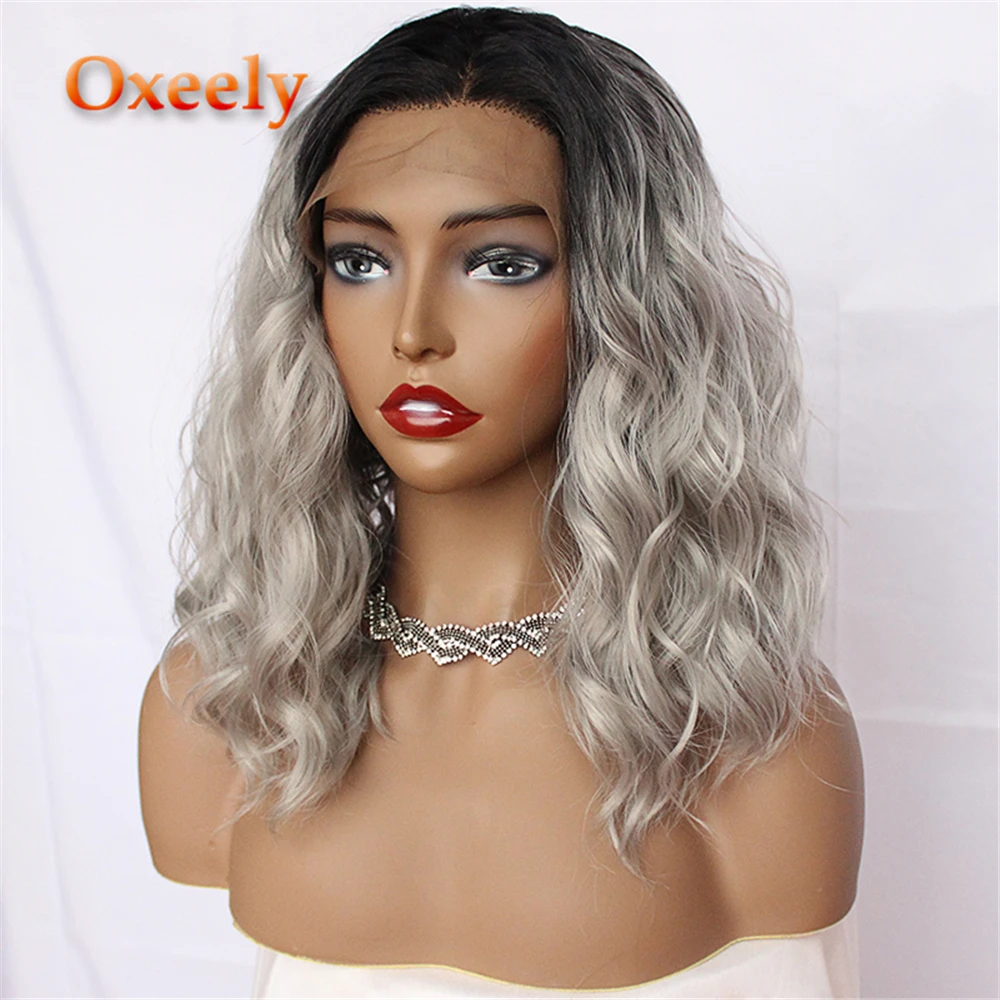 Oxeely Loose Curl Ombre Wigs Short Hair Grey Synthetic Lace Front Wigs