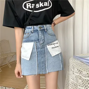 

HziriP Korea Hot 2019 New Summer High Waist Femme Jean Womens Simple Print Loose Streetwear Blue Denim Female A-Line Skirts