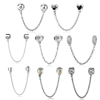 

INBEAUT 100% Real 925 Sterling Silver Cute Heart Flower Lovely Safety Chain Beads fit Pandora Charms Bracelet Fine Jewelry