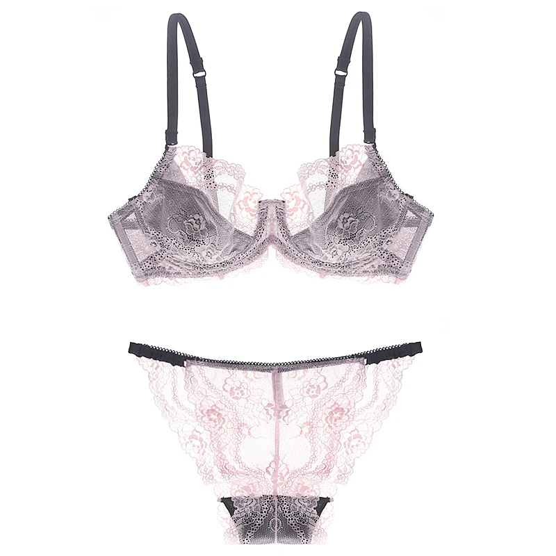 

Contrast color bra set Lace Bra and panty set Lingerie Transparent Unlined Underwire women bra set seethrough underwear women