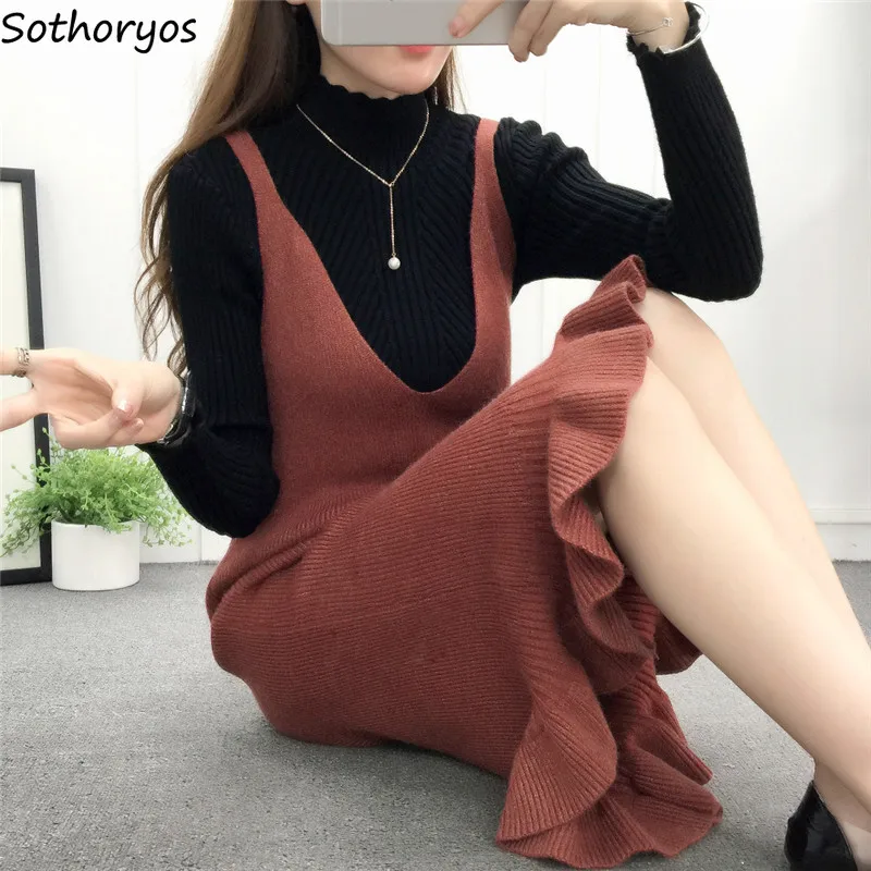 

Dress Women Winter V-Neck Solid Colour Sleeveless Knee-Length Womens Simple Korean Style Elegant Dresses All-match Trendy Chic