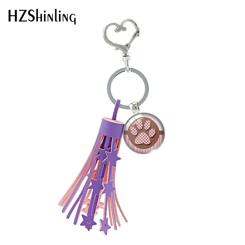 

Pet Paw Footprint Round Glass Cabochon Animal Dog Cat Paw Pattern Heart Purple Tassel Key Chains Fashion Bag Holder Keyring