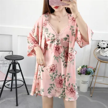 

Satin Pink Flower Women Twinset Robe Set Kimono Gown Sexy Intimate Lingerie Lace V-Neck Sleepwear Nighty&robe Suit Negligee