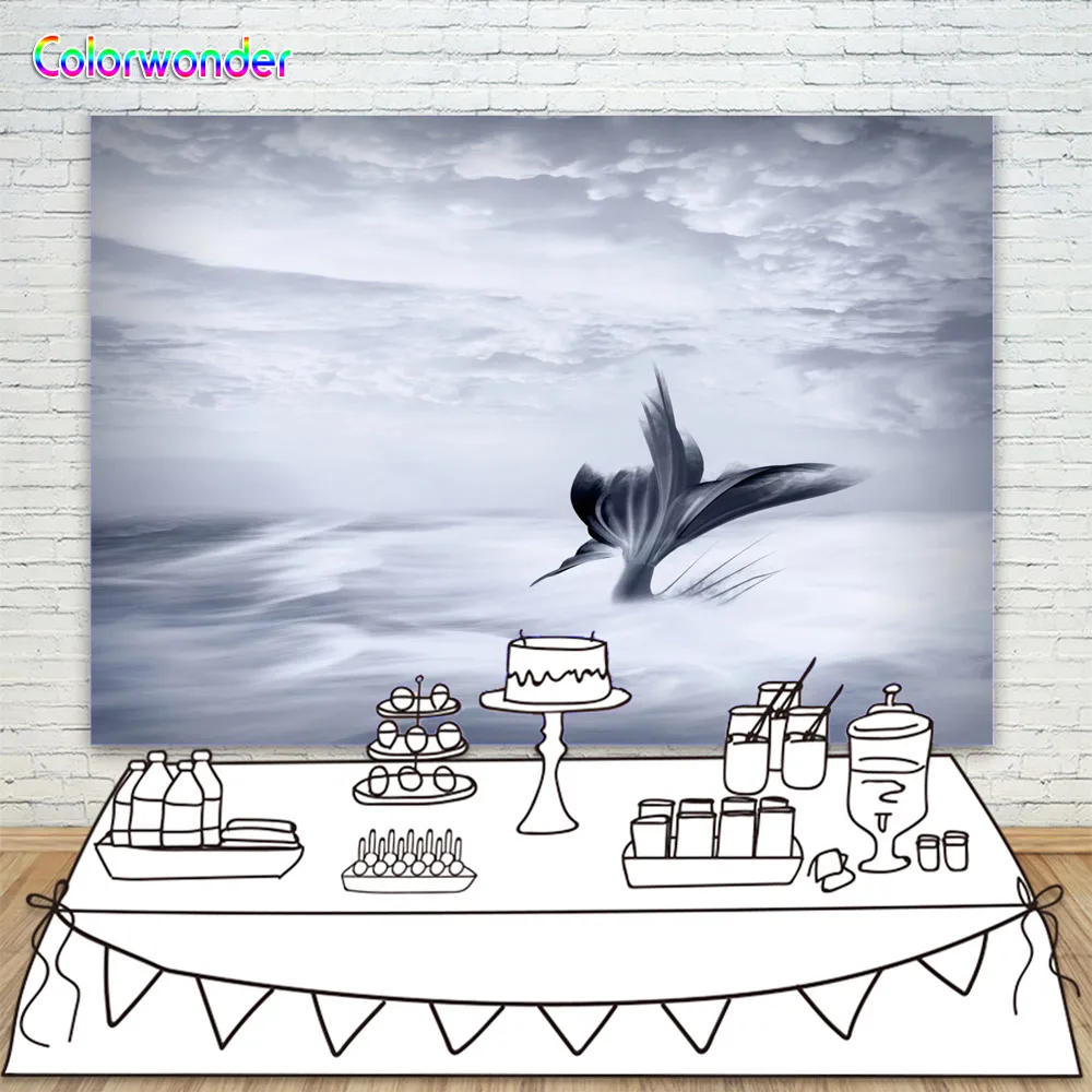 Black with White Ink Painting Photography Background Mermaid Tail Clouds 7X5ft Custom Backdrops for Photo Booth | Электроника