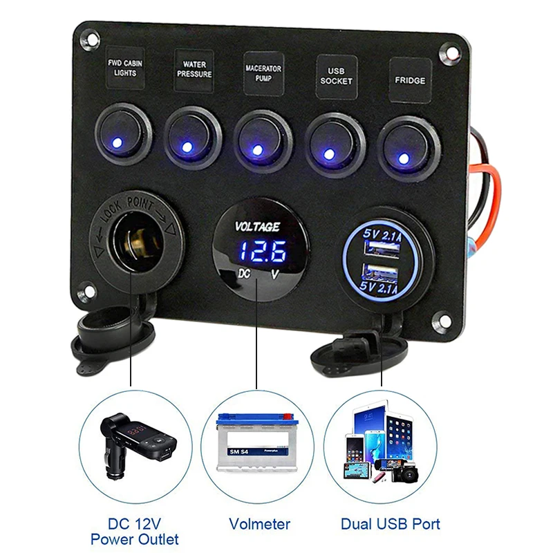 

5 Gang Multi-Functions Marine Boat LED Switch Panel 12V Toggle Switch for Car Boat Voltmeter Car USB Charger 12V Power Outlet