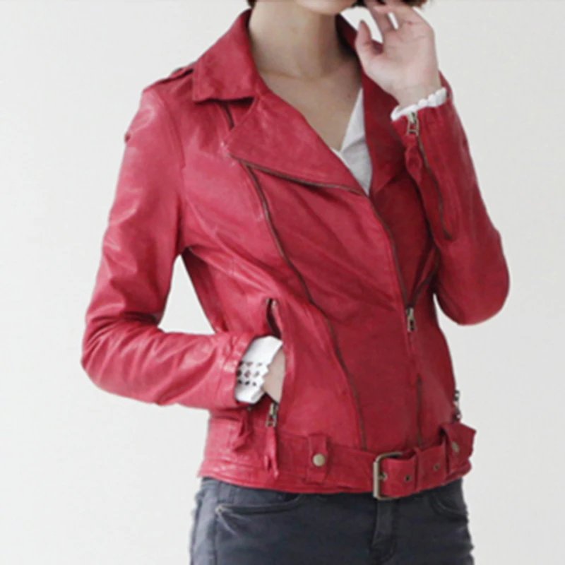 Женские Короткие Куртки из натуральной кожи, винно-красная овчина, Кожаная Мотоциклетная одежда с отложным воротником, женское корейское тонкое короткое пальто