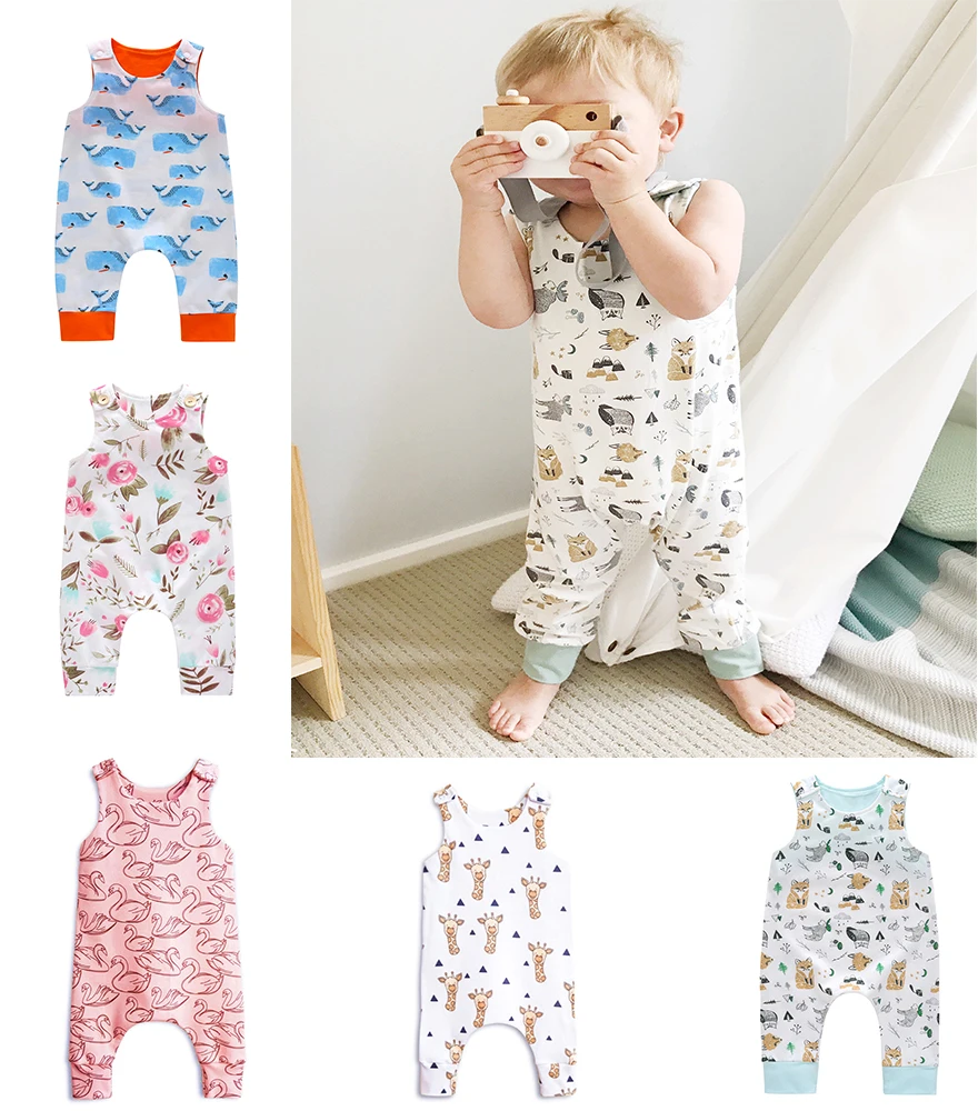 

2019 New Baby Sleeveless Little Giraffe Romper Toddler Swan Printing Clothes Boy And Girl Christmas Clothing Fox Print Pajamas