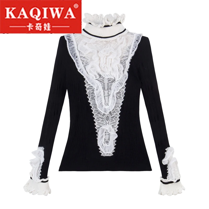 

Pullovers Women Runway Designer White Ruffles cashmere Turtleneck Jumper Lady Clothes 2018 Autumn Christmas Black Sweater